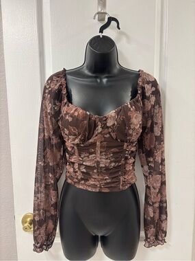 Coquette Ruched Sweetheart Sheer Mesh Corset Long Sleeve Brown Floral Crop Top M